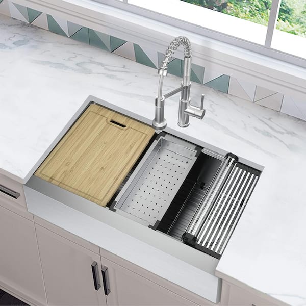 Professional Zero Radius 33 in. Apron-Front Single Bowl 16G Stainless Steel Workstation Kitchen Sink with Accessories