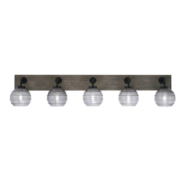 Unbranded Kirby 46.75 in. 5 Light Black and Painted Wood-look Vanity Light with 6 in. Smoke Ribbed Glass Shades No Bulbs Included
