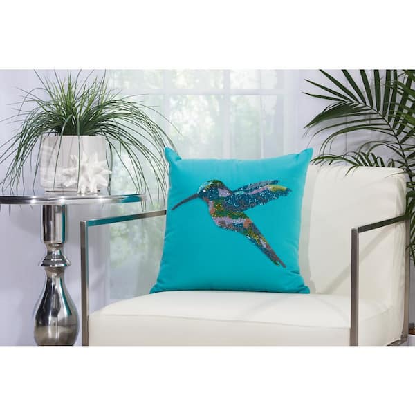 Mina Victory Beaded Hummingbird 18 in. x 18 in. Turquoise Indoor and Outdoor Pillow