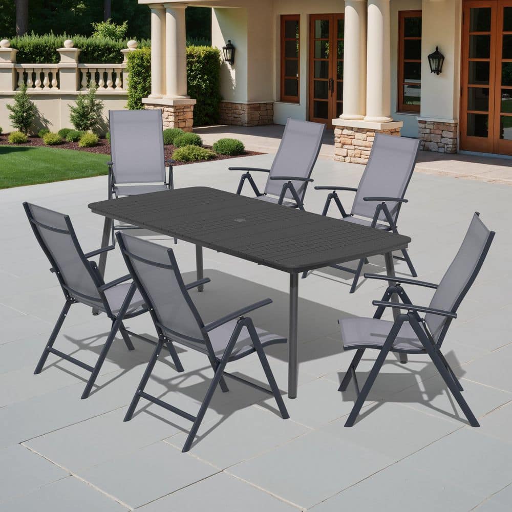 7-Piece 71 in. Black Aluminum Wood-Like Curved Edges Outdoor Patio Dining Set, Gray Adjustable Backrest Metal Chair price history on PriceWatchPro