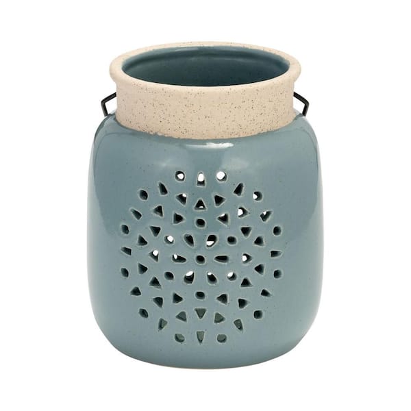 Blue 6 in. Stoneware Cylinder Flower Intricate Cut-Out Lantern Candle Holder