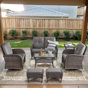 Brown 7-Piece Wicker Patio Conversation Set with Swivel Rockers, Outdoor Loveseat Seating Set with Gray Cushions