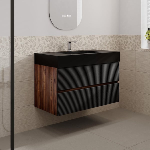 Aaby 36 in. W x 18 in. D Wall Mounted Floating Bath Vanity Cabinet in Black with Black Solid Surface Top and Sink