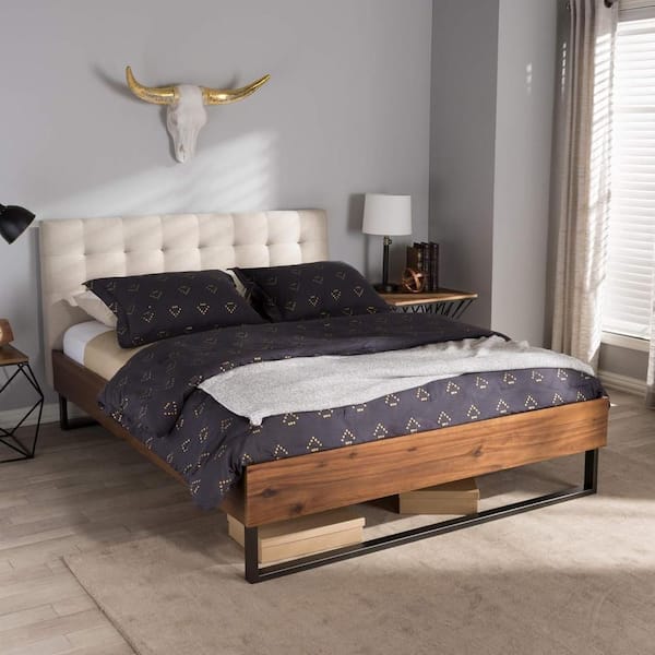 Beige Frame King Size Platform Bed, Durable Platform Bed for All Spaces, Space-Saving Modern Platform Bed