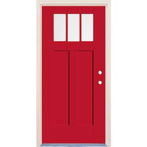 36 in. x 80 in. Left-Hand 3-Lite Clear Glass Ruby Red Painted Fiberglass Prehung Front Door with 4-9/16 in. Frame