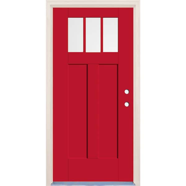 Builders Choice 36 in. x 80 in. Left-Hand 3-Lite Clear Glass Ruby Red Painted Fiberglass Prehung Front Door with 4-9/16 in. Frame