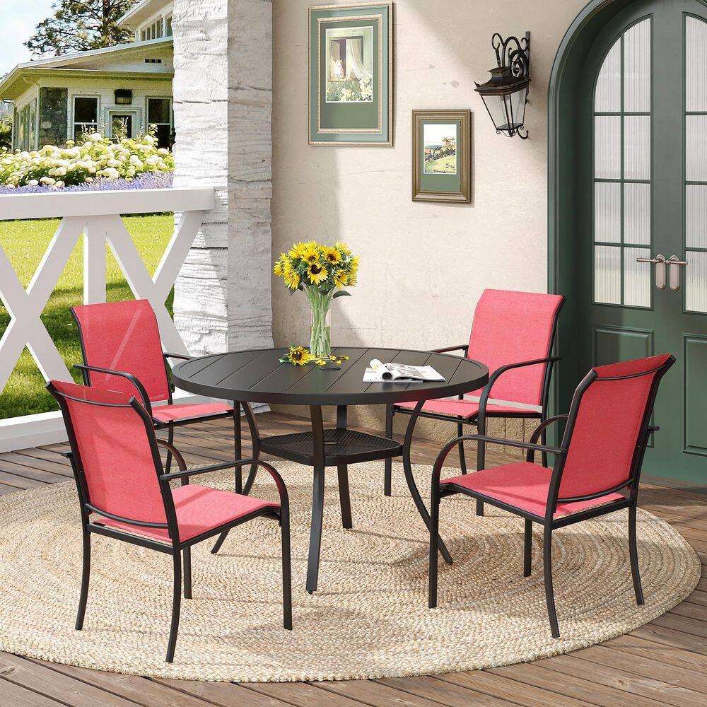 5-Piece Patio Dining Set with Black Round Metal Table and 4-Red Dining Chairs with Curved Armrests for Outdoor Use price history on PriceWatchPro