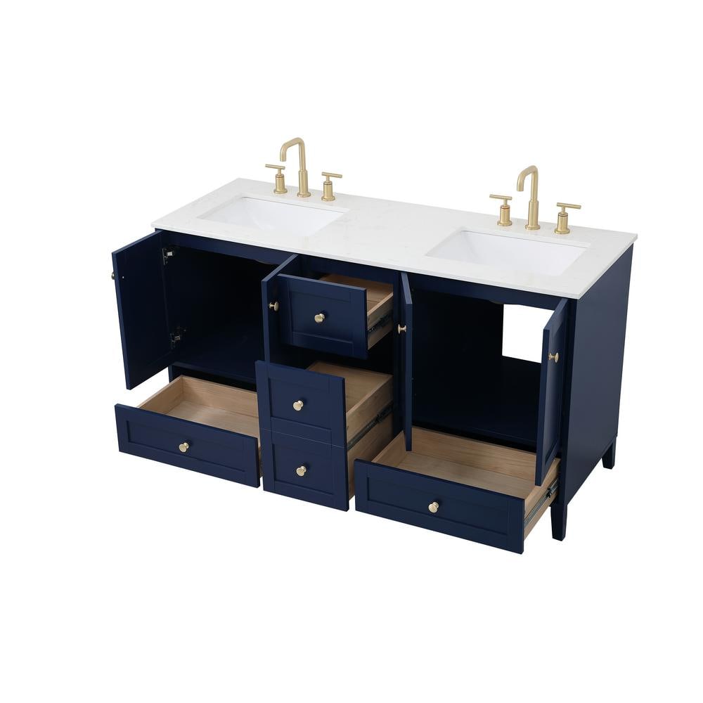Blue and Gold Double Freestanding Bathroom Vanity with Marble Top