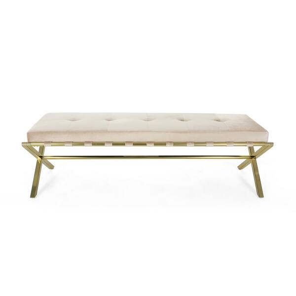 Noble House Vincenzi Glam Tufted Champagne Velvet Cushioned Bench with Gold Chrome Iron Cross Legs