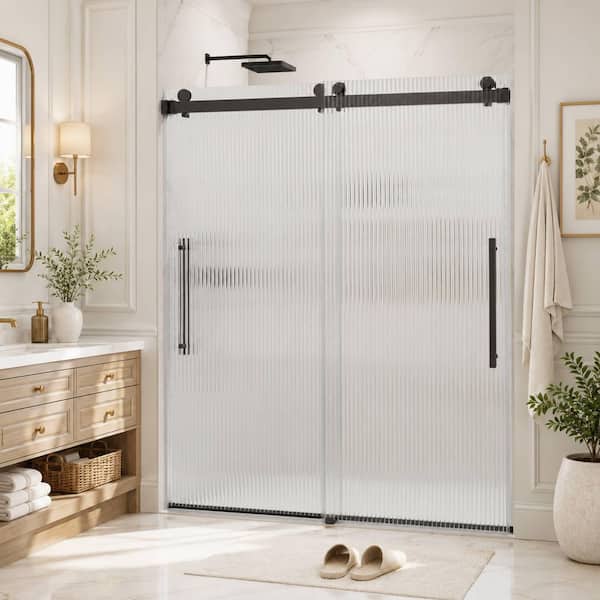 56-60 in. W x 74 in. H Double Sliding Frameless Shower Door in Matte Black with Nano-Coated Easy-Clean Fluted Glass