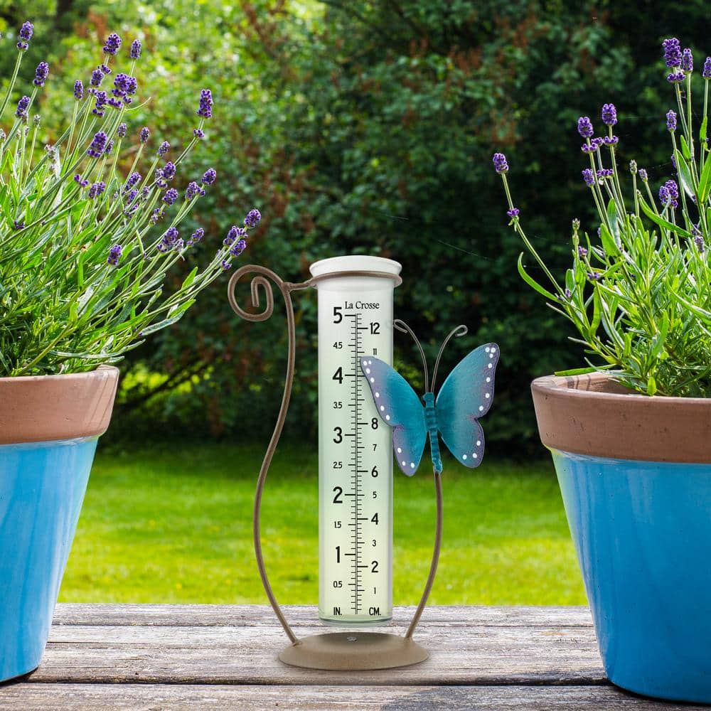 Blue Butterfly Handcrafted Glass Rain Gauge with Metal Stand