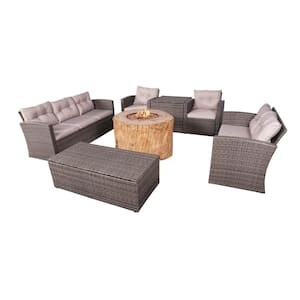 Mabs 7-Piece Wicker Patio Conversation Set with Fire Pit and Beige Cushions