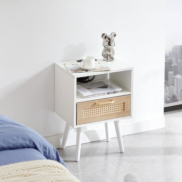 CSC DECOR INC Modern White 1-Drawer Wood Nightstands with Power Outlet and USB Ports (15.75 in. D x 11.81 in. W x 22.05 in. H)