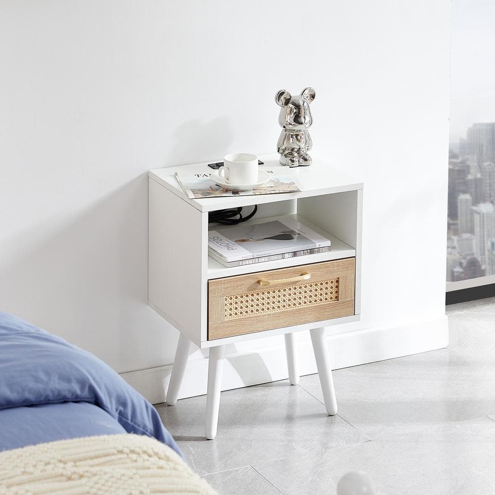 Modern White 1-Drawer Wood Nightstands with Power Outlet and USB Ports (15.75 in. D x 11.81 in. W x 22.05 in. H)