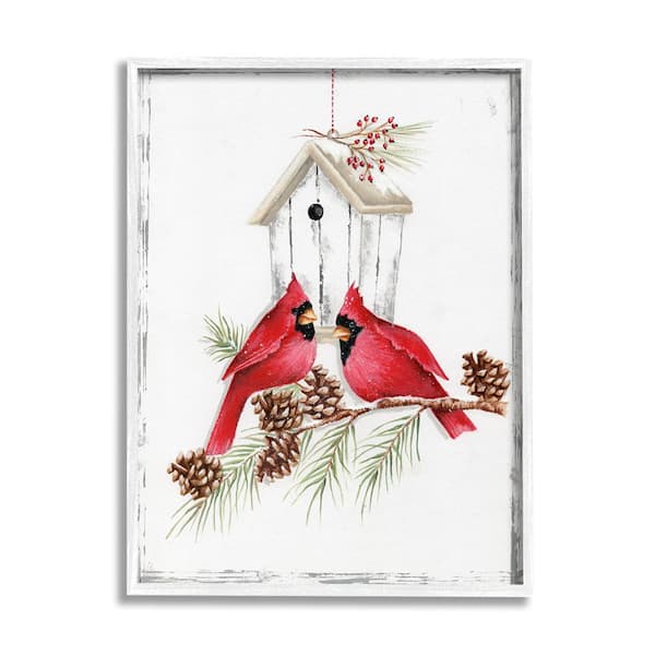 Stupell Industries Cardinals and Snowy Birdhouse by Emma Leach 1 Piece Framed Graphic Print Animal Poster Art Print 20 in. x 16 in.