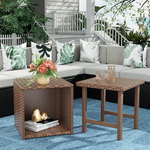 Hudson Brown 2-Piece Wicker Outdoor Square Side Table Set