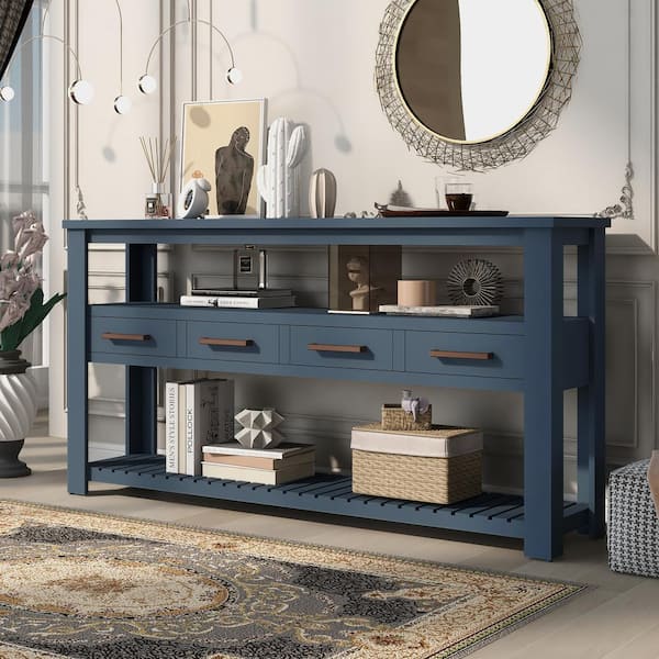JUJABU 62.2 in. Rectangle Wood Navy Blue Modern Console Table Sofa Table with 4-Drawers and 2-Shelves for Living Room