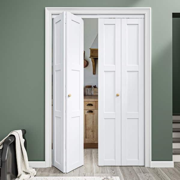 56 in. x 80 in. 3-Lite Solid Core Panel White Primed Composite MDF Interior Closet Bi-Fold Door with Hardware Kit
