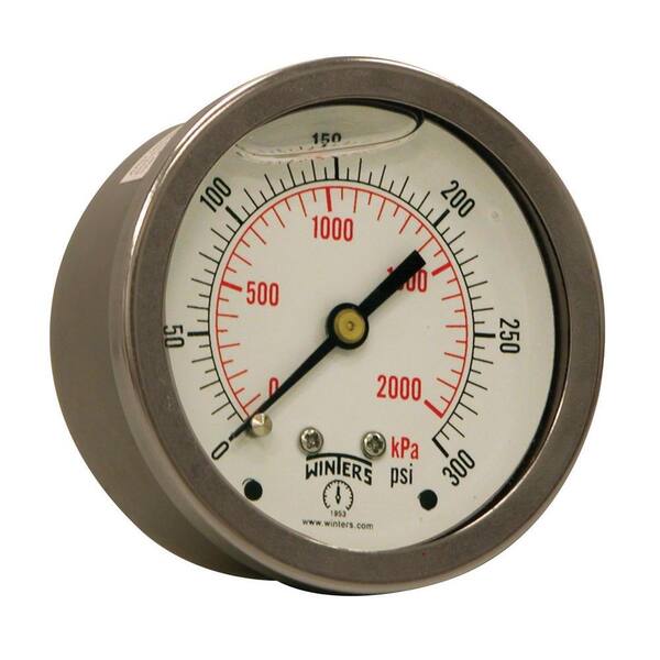 Winters Instruments PFQ Series 2.5 in. Stainless Steel Liquid Filled Case Pressure Gauge with 1/4 in. NPT CBM and Range of 0-300 psi/kPa