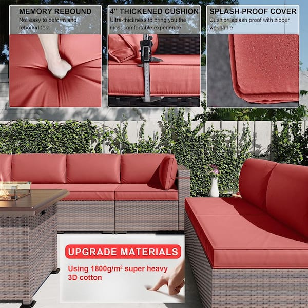 10-Piece Wicker Patio Conversation Set with 55000 BTU Gas Fire Pit Table and Glass Coffee Table and Red Cushions