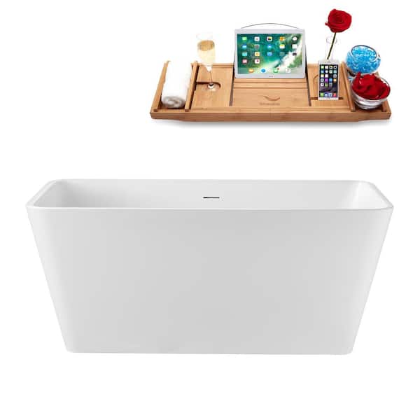 Streamline 55 in. x 28 in. Acrylic Freestanding Soaking Bathtub in Glossy White with Polished Gold Drain, Bamboo Tray