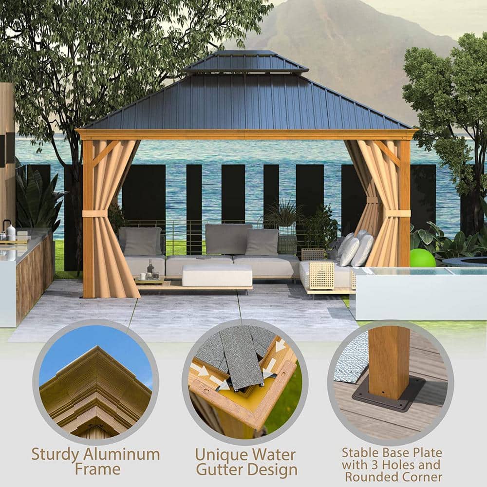 10x12 Brown Aluminum Hardtop Gazebo with Curtains and Netting