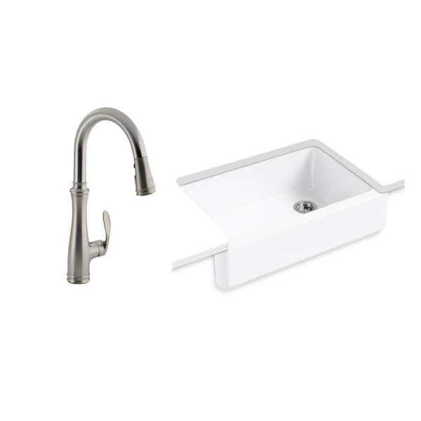 KOHLER Whitehaven Undermount Cast Iron 33 in. Kitchen Sink in White with Bellera Faucet in Stainless Steel