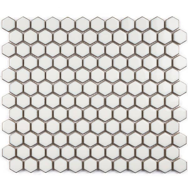 Porcetile Hex White 10.24 in. x 11.82 in. Hexagon Glossy Porcelain Mosaic Wall and Floor Tile (8.4 sq. ft./Case)