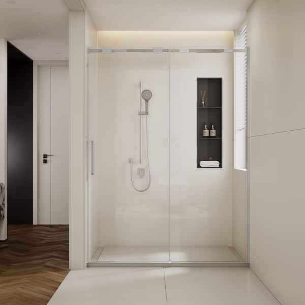 56-60 in. W x74 in. H Semi-Frameless Single Sliding Shower Door in Chrome w/ 5/16 in.  (8mm) Thick Tempered Clear Glass