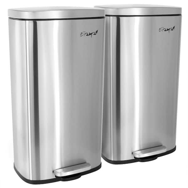 Elama 2-piece 8 Gal. Each Rectangular Stainless Steel Twin Step Trash Bins with Slow Close Mechanism in Matte Silver