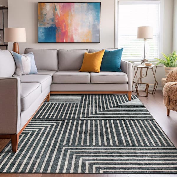 Distressed Bohemian Stripes Washable Non Slip Anthracite 8 ft. x 10 ft. Area Rug