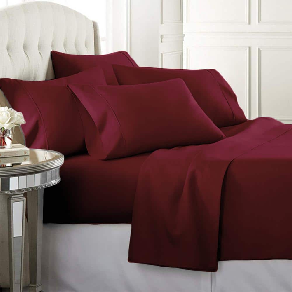 King Size Burgundy Cotton Polyester Microfiber 6-Piece Bed Sheet Set