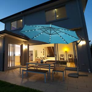 10 ft. Aluminum Cantilever Solar Tilt Patio Umbrella in Turquoise with LED Lights and Stand