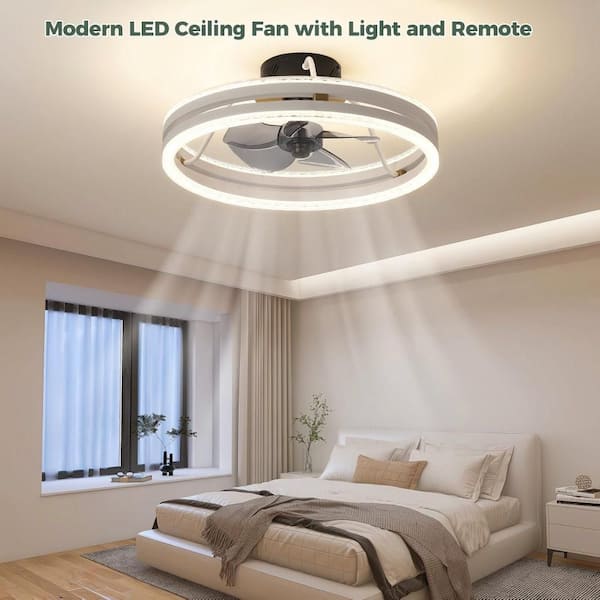 19.69 in. Modern White Flush Mount Ceiling Fan with LED 3CCT Crystal Remote Control and Dimmable