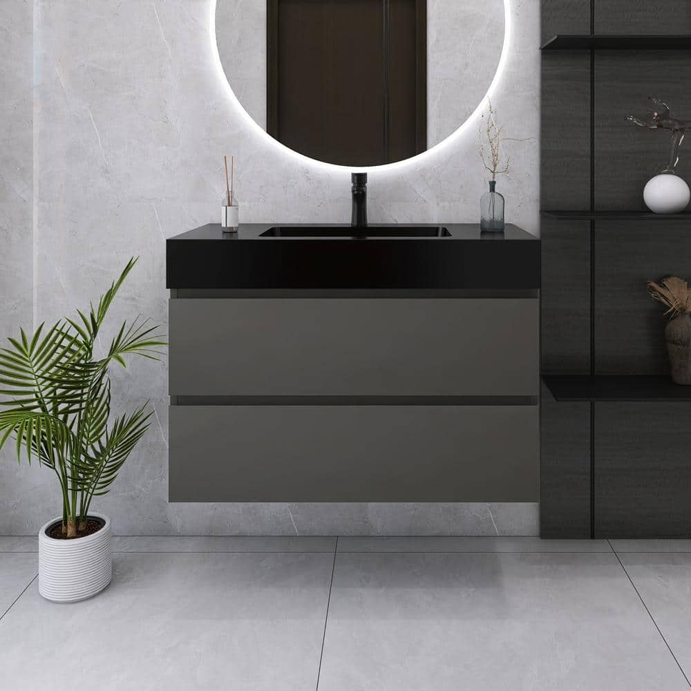 36 in. W x 18 in. D x 25 in. H Single Sink Wall Mounted Bath Vanity in Grey