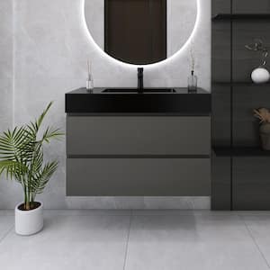 36 in. W x 18 in. D x 25 in. H Single Sink Wall Mounted Bath Vanity in Grey with Black Quartz Sand Top