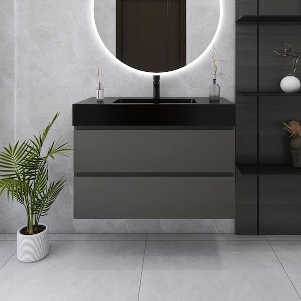 Unbranded 36 in. W x 18 in. D x 25 in. H Single Sink Wall Mounted Bath Vanity in Grey with Black Quartz Sand Top
