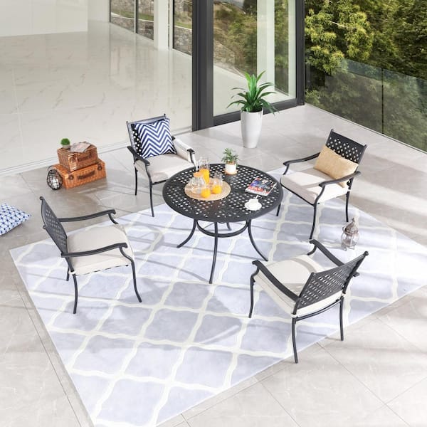 Patio Festival 5-Piece Metal Outdoor Dining Set with Beige Cushions