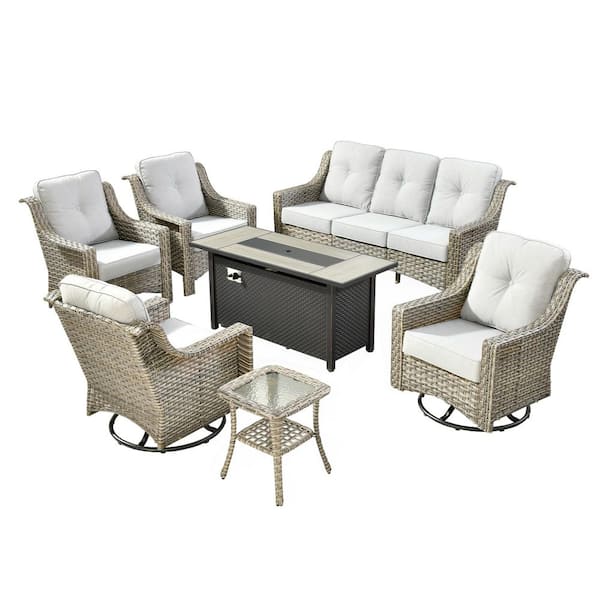 Eureka 7-Piece Wicker Patio Conversation Sofa Swivel Chair Set with Metal Fire Pit Table and Light Gray Cushions