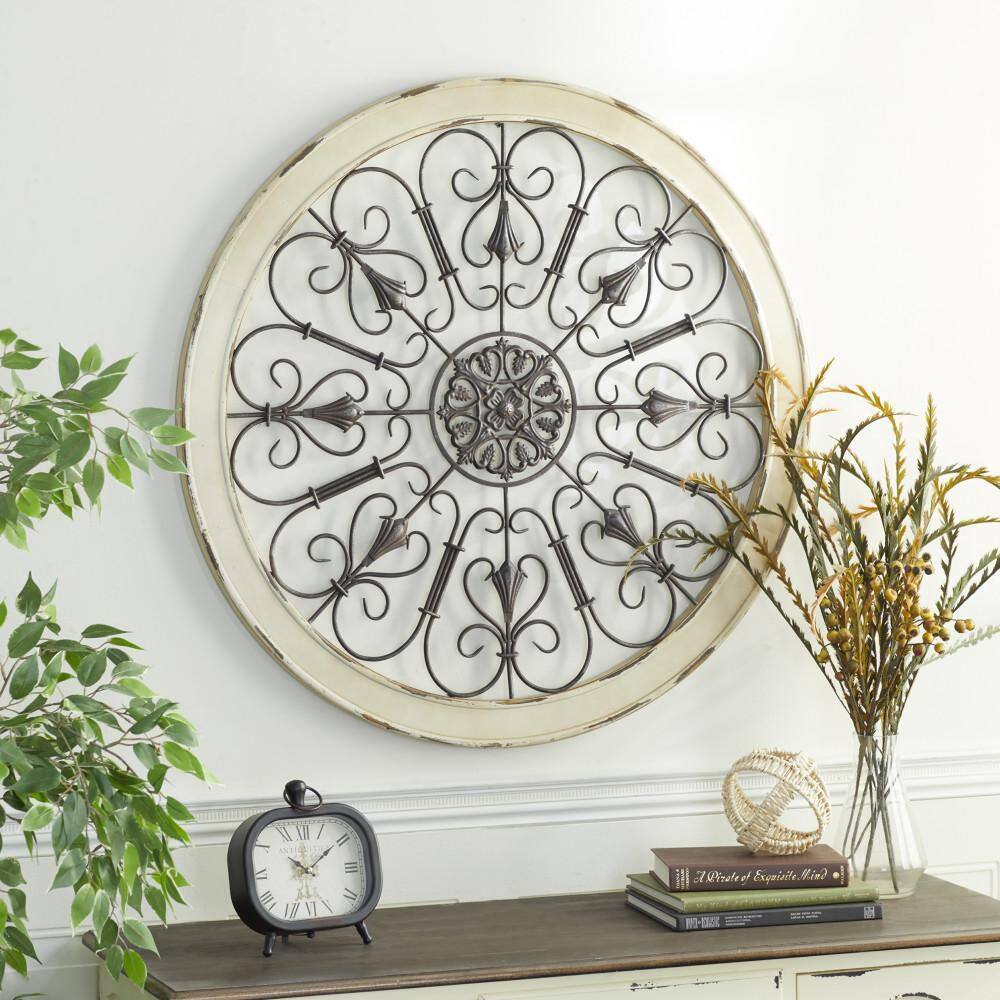 White Distressed Wood and Iron Scroll Wall Decor, 36" Round