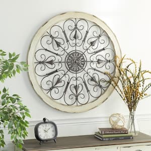 Wood White Window Inspired Scroll Wall Decor with Metal Scrollwork Relief