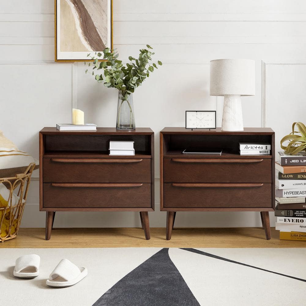 JAYDEN CREATION Leslie Mid-Century Modern Walnut 2-Drawer Nightstand with  Built-In Outlets (Set of 2) NSHM0847-WAL-S2 - The Home Depot