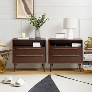 Leslie Mid-Century Modern Walnut 2-Drawer Nightstand with Built-In Outlets (Set of 2)