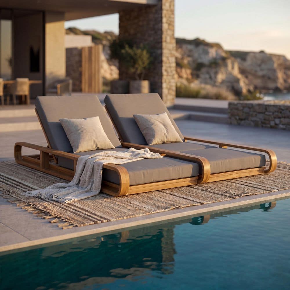 Adero Teak Finish Acacia Wood Outdoor Patio Double Chaise Lounge with Two Dark Grey 3-Fold Cushions price history on PriceWatchPro