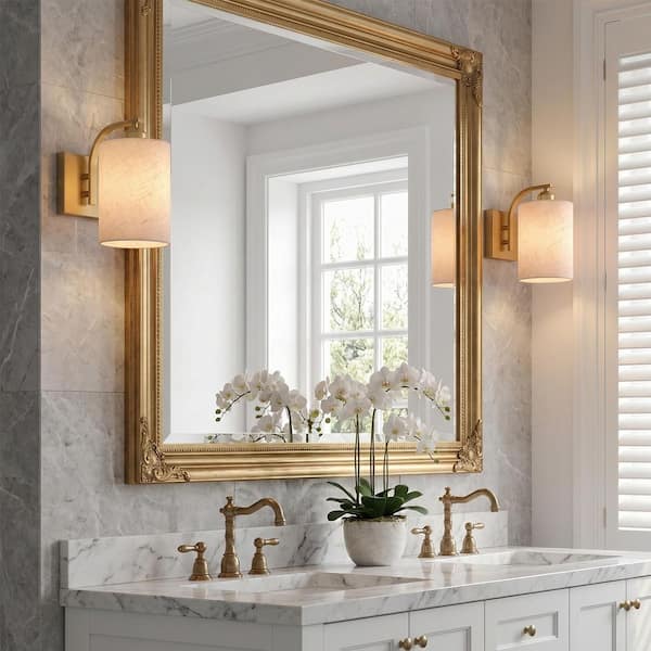 5.5 in. 1-Light 2-Pack Gold Wall Sconces with Fabric Shade, Dimmable LED Wall Lighting for Bedroom Living Room Hallway