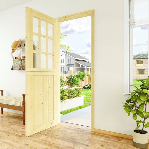 32 in. x 80 in. Pine Universal 9-Lite Clear Glass& 1-Panel Unfinished Dutch Wood Prehung Front Door +Quick Assemble Jamb