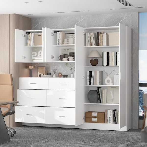 FUFU&GAGA White Large Wooden Multi-Functional Storage Cabinet with Doors and Shelves, Modern 70 in. Office Storage Cabinet