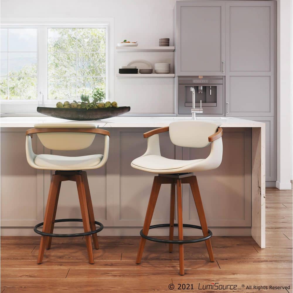 Mid-Century Modern Cream Swivel Counter Stool with Walnut Wood Frame
