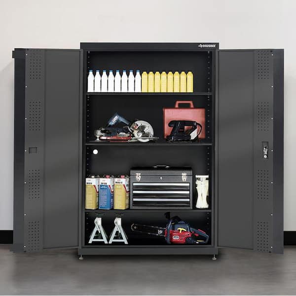 Husky Heavy gauge 3-shelf Welded Steel Floor Cabinet in Black and Gray (46 in W x 72 in. H x 24 in. D)