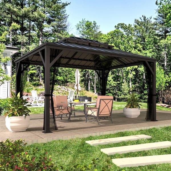 12 ft. W x 10 ft. D Metal Double Hardtop Gazebo with Pre-Painted Galvanized Steel Roof and Textilene Netting